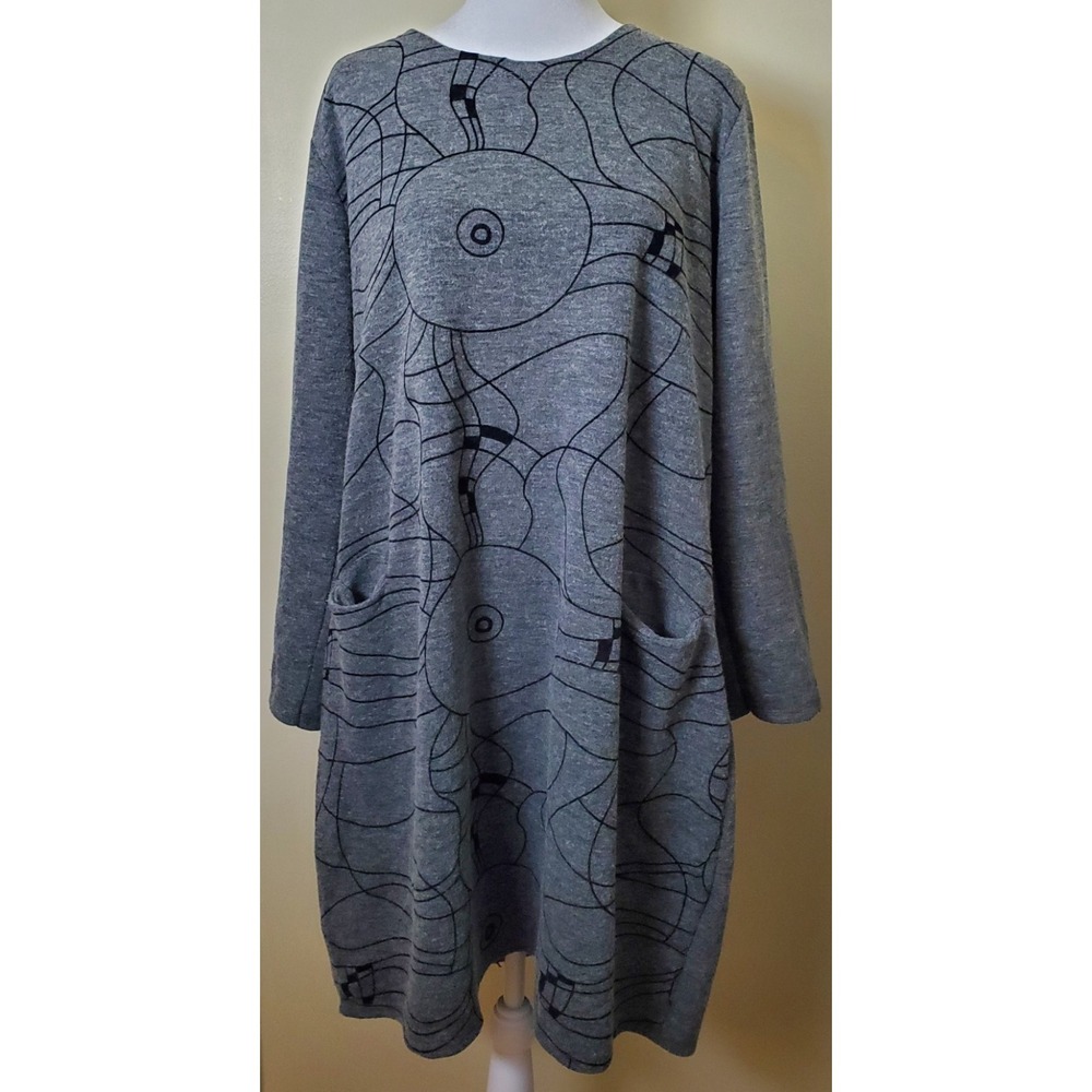 Vasna Gray Sweater Dress Abstract Pockets Large Knee Length Long Sleeve